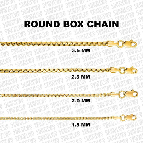 14K Yellow Gold Round Box Chain Necklace, 1.5MM To 3.5MM Wide.