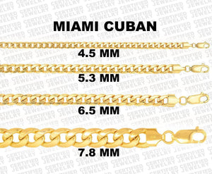 14K Yellow Gold Miami Cuban Semi-Soild Chain, 4.5MM to 7.8MM Wide.