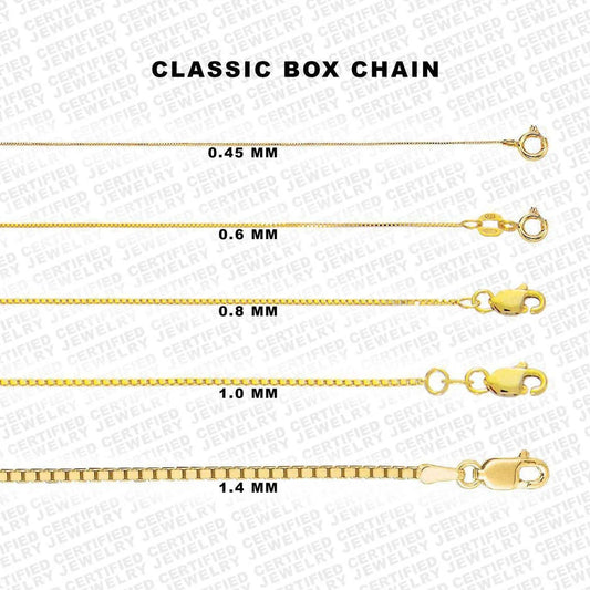 10K Solid Yellow Gold Box Chain Necklace, 16" To 30" Inch, 0.5mm To 1.4mm Thick