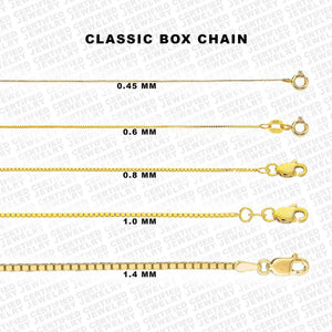 10K Solid Yellow Gold Box Chain Necklace, 16" To 30" Inch, 0.5mm To 1.4mm Thick