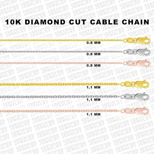 Solid 10K Yellow, White Or Rose Gold Diamond Cut Cable Link Chain Necklace, 0.8mm or 1.1mm Wide