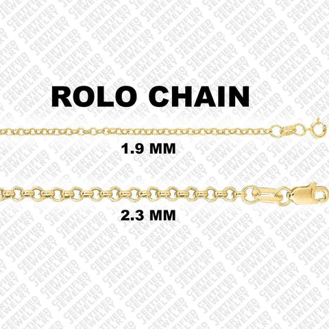 10K Gold Rolo Chain Necklace, 16"- 20" Inch, 2mm 2.4mm Thick, Round Link Chain