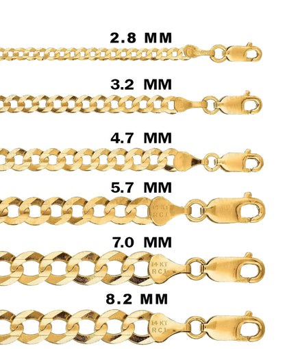 10K Solid Gold Curb Link Chain Necklace, 2.8mm - 8.2mm Wide