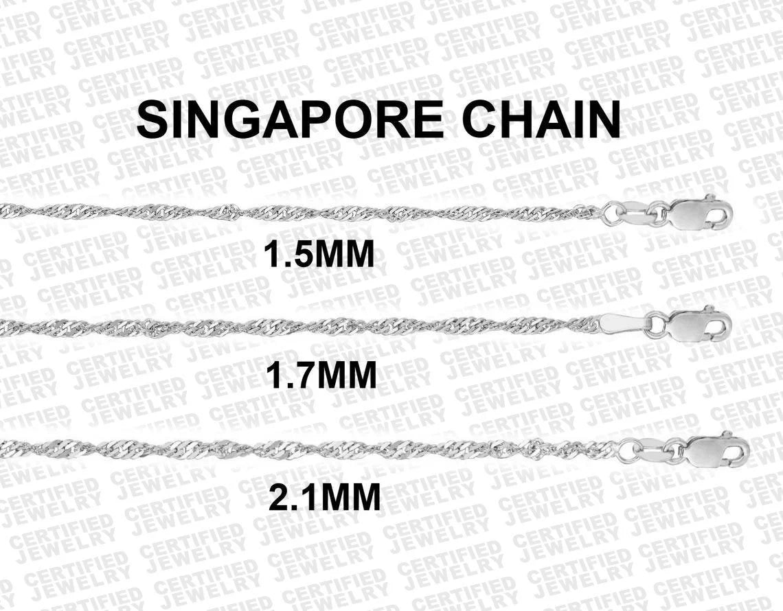 14K Solid White Gold Singapore Chain Necklace, 1.5mm TO 2.1mm Wide.