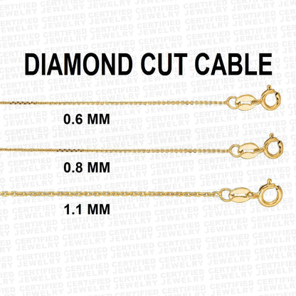 Solid 14K Gold Diamond Cut Cable Link Chain Necklace, 0.6mm - 1.1mm Wide