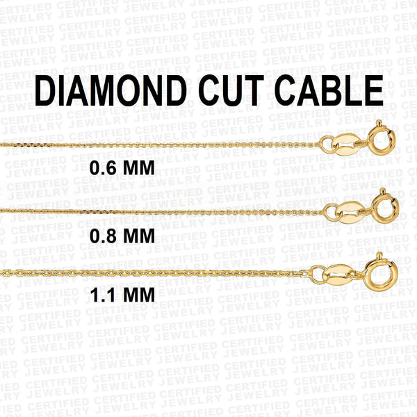 Solid 14K Gold Diamond Cut Cable Link Chain, 0.6mm - 1.1mm Wide Necklace