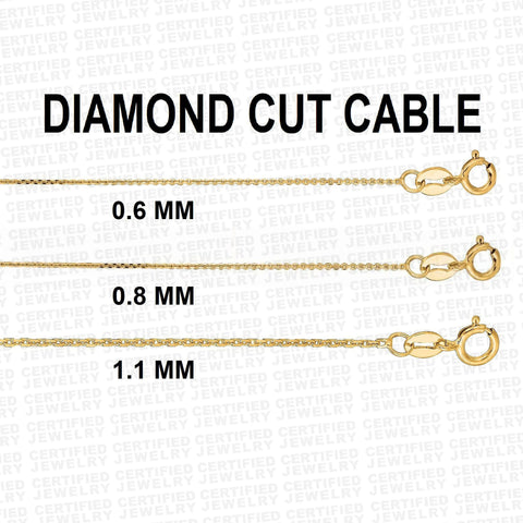 Solid 14K Gold Diamond Cut Cable Link Chain Necklace, 16"- 24", 0.6mm - 1.1mm