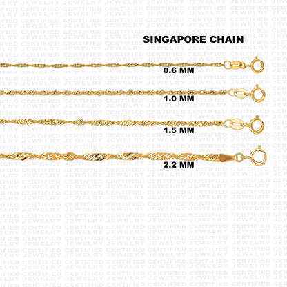 10K Solid Yellow Gold Singapore Rope Chain Necklace, 7" To 30" Inches