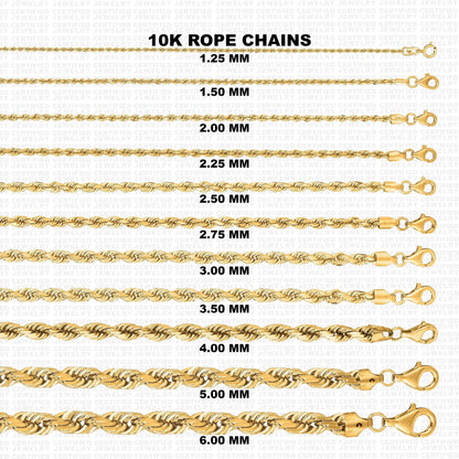 10K Solid Yellow Gold Diamond Cut Rope Chain Necklace,1.25mm To 6mm Wide.