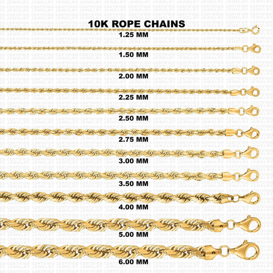 10K Solid Yellow Gold Diamond Cut Rope Chain Necklace,1.25mm To 6mm Wide.