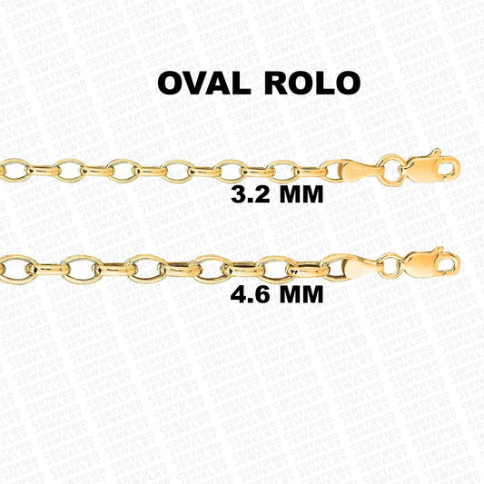 14K Yellow Gold Oval Rolo Chain Necklace,  3.2MM 4.6MM Wide.