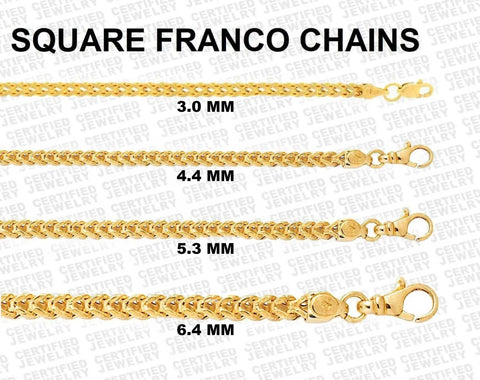 14K Yellow Gold Franco Chain Necklace, 3.2MM - 6.4MM Wide.