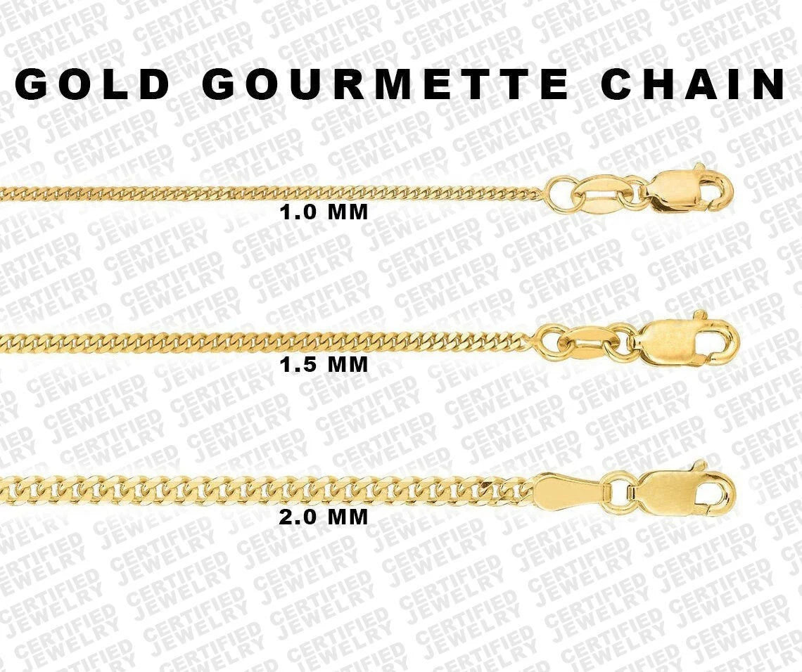 Solid 10K Yellow Gold Gourmette Chain Necklace, 16" 18" 20" 22" 24" Inch, 1mm 1.5mm 3mm Thick Gourmette Gold Chain, Thin Miami Cuban Chain