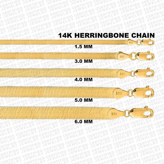 14K Solid Gold Herringbone Chain Necklace, 1.5mm-6.0mm Wide