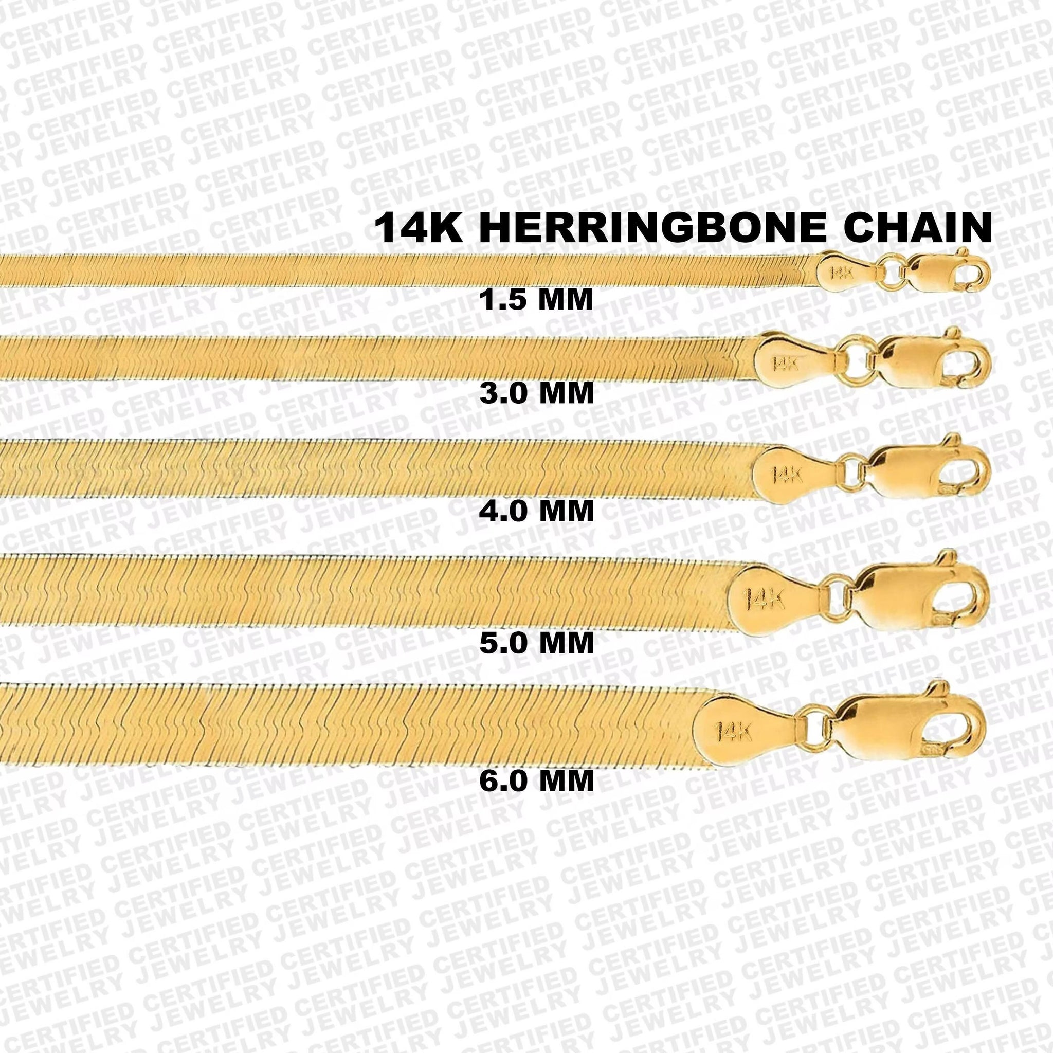 14K Solid Gold Herringbone Necklace or Bracelet, 1.5mm-6.0mm Wide