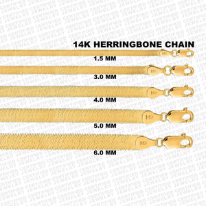 14K Solid Gold Herringbone Necklace or Bracelet, 1.5mm-6.0mm Wide