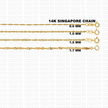 Solid 14K Yellow Gold Singapore Rope Chain Necklace, 0.8mm To 1.7mm Wide