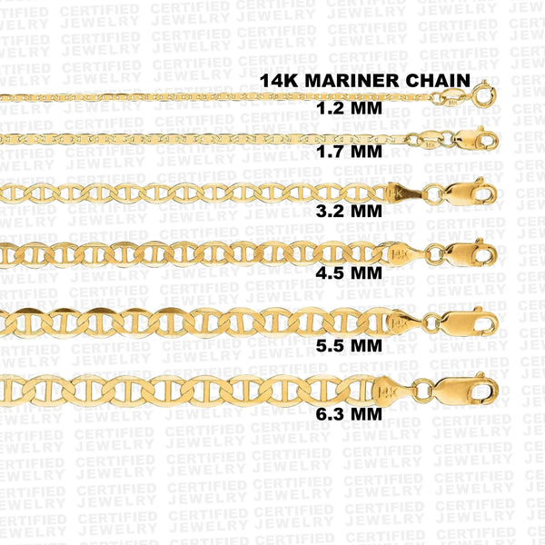 Solid 14K Yellow Gold Mariner Link Chain Necklace, 7" To 30" Inch, 1.2mm To 6.3mm Thick Gold Chain, Flat Mariner Chain, 14K Gold Curb Chain