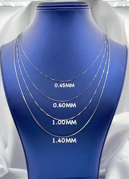 10K Solid White Gold Box Chain, 0.5mm To 1.0mm Wide Necklace