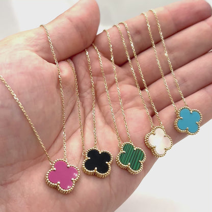 Solid Gold Four Leaf Clover Necklace, Mother Of Pearl, Onyx, Green, Turquoise & Pink