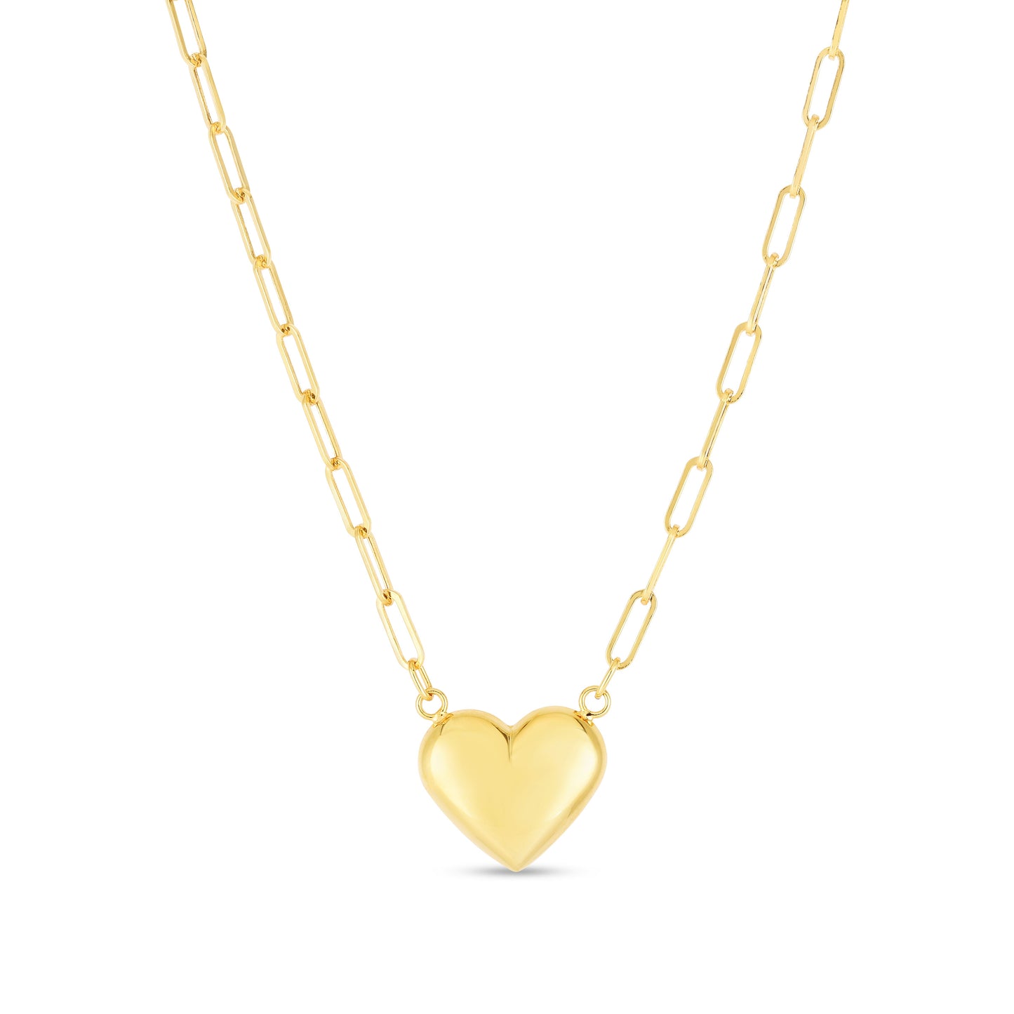 14K Yellow Gold Paperclip Link with Puffed Heart Necklace, 4.2mm