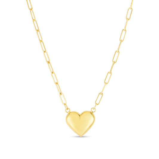14K Yellow Gold Paperclip Link with Puffed Heart Necklace, 4.2mm