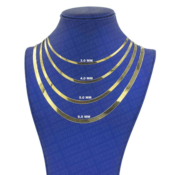 14K Solid Gold Herringbone Chain Necklace, 1.5mm-6.0mm Wide