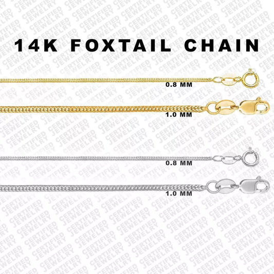 14K Solid Yellow or White Gold Foxtail Chain Necklace, 0.8mm to 1.0mm Wide.