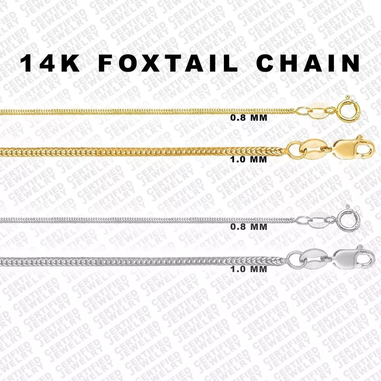 14K Solid Yellow or White Gold Foxtail Chain Necklace, 0.8mm to 1.0mm Wide.