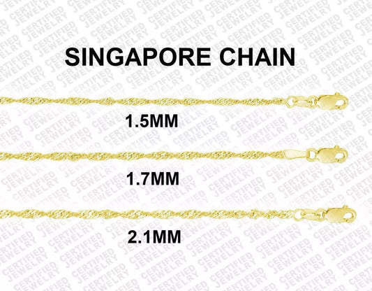 14K Solid Yellow Gold Singapore Rope Chain Necklace, 0.8mm to 2.1mm Wide.