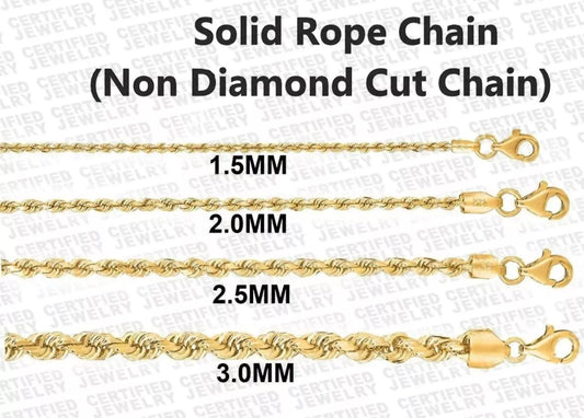 14K Solid Yellow Gold Rope Chain Necklace, 1.25mm - 3.0mm Wide