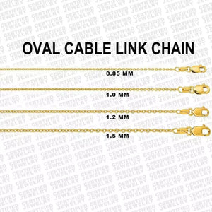 14K Solid Yellow Gold Oval Cable Link Chain,0.85mm to 1.5mm Wide.