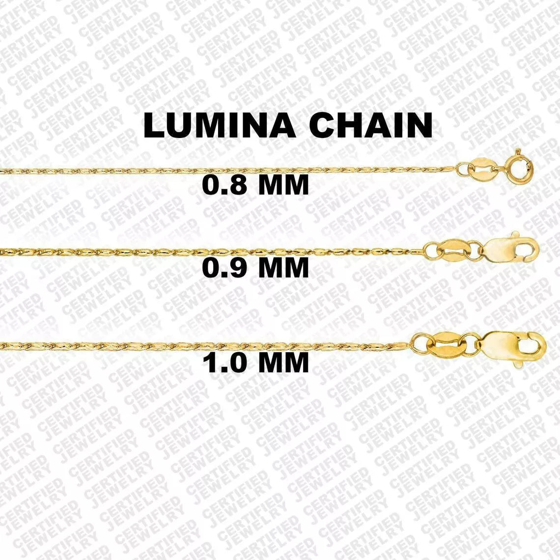 14K Solid Yellow Gold Lumina Chain Necklace, 0.8mm to 1.0mm Wide.