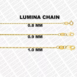 14K Solid Yellow Gold Lumina Chain Necklace, 0.8mm to 1.0mm Wide.