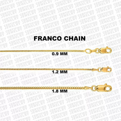 14K Solid Yellow Gold Franco Chain Necklace, 0.9mm to 1.8mm Wide