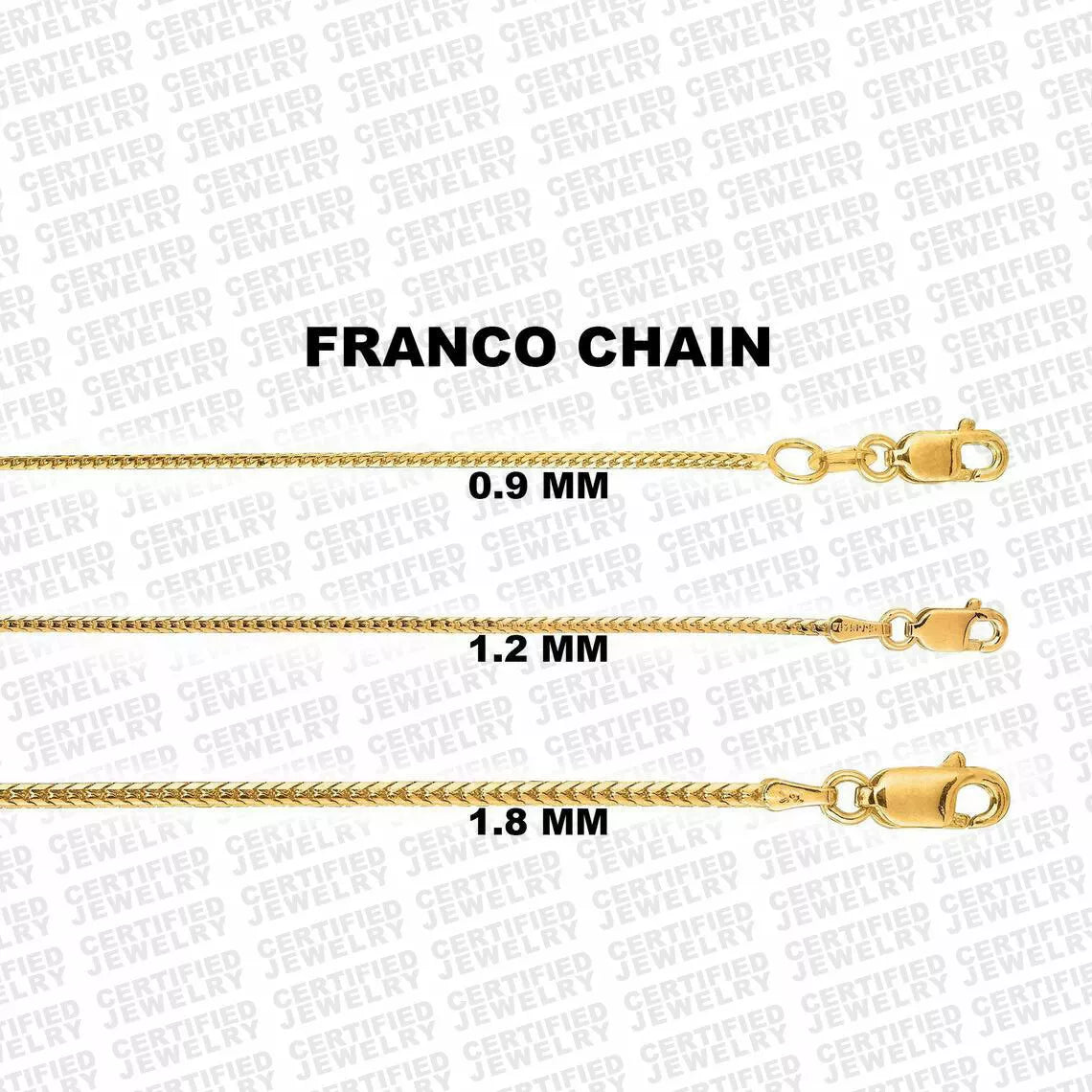 14K Solid Yellow Gold Franco Chain Necklace, 0.9mm to 1.8mm Wide.