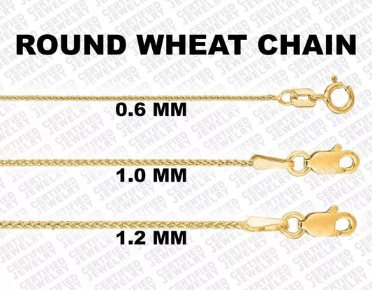 14K Solid Yellow Gold Diamond Cut Round Wheat Chain Necklace, 0.6mm to 1.2mm Wide.