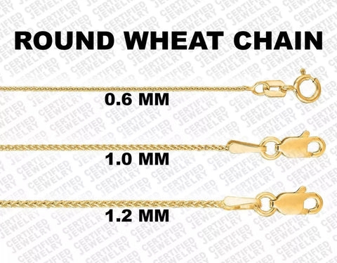 14K Solid Yellow Gold Diamond Cut Round Wheat Chain Necklace, 0.6mm to 1.2mm Wide.