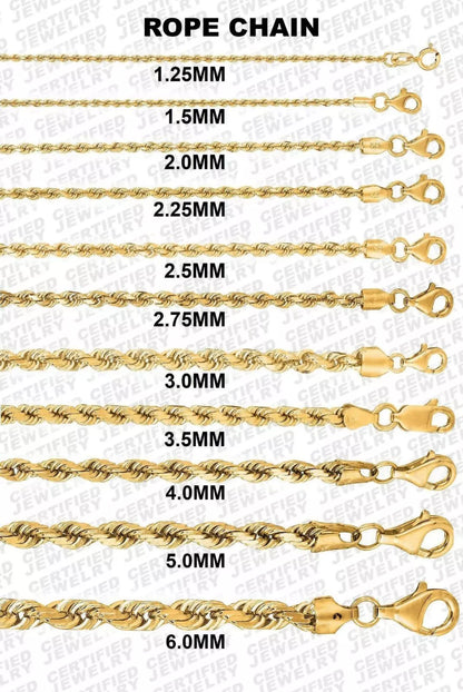 14K Solid Yellow Gold Diamond Cut Rope Chain Necklace, 1.25mm to 6.0 mm Wide