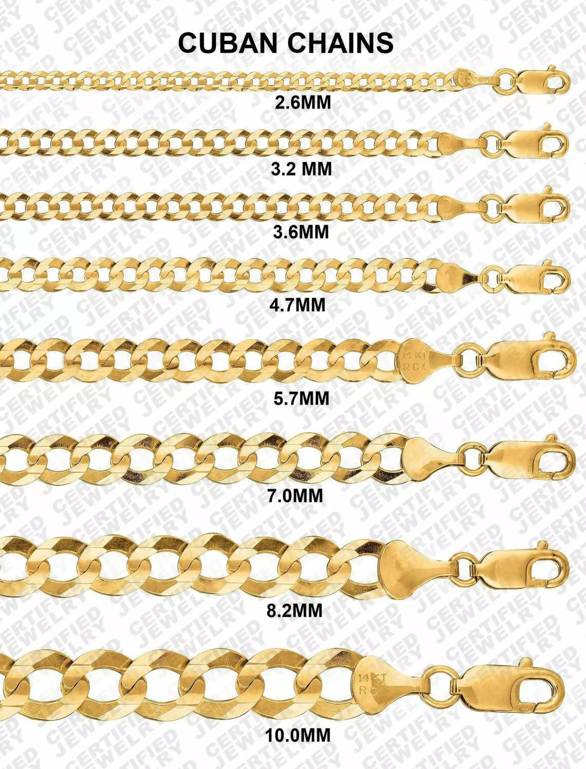 14K Solid Yellow Gold Curb Cuban Link Chain Necklace, 2.6mm to 10mm Wide