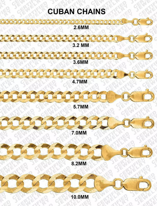 14K Solid Yellow Gold Curb Cuban Link Chain Necklace, 2.6mm to 10mm Wide