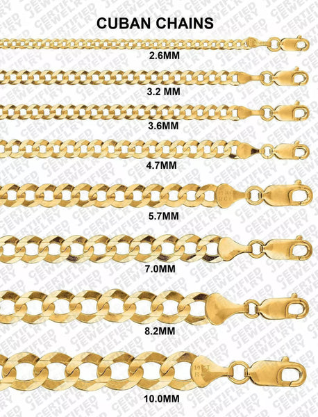 14K Solid Yellow Gold Curb Cuban Link Chain Necklace, 2.6mm to 10 mm Wide.