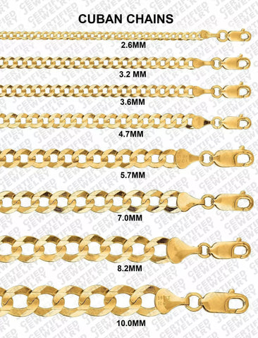 14K Solid Yellow Gold Curb Cuban Link Chain Necklace, 2.6mm to 10 mm Wide.