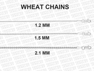 14K Solid White Gold Round Wheat Chain Necklace, 1.20 mm to 2.10 mm Wide.