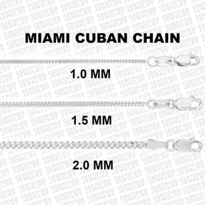 14K Solid White Gold Miami Cuban Chain Necklace, 1 mm to 1.5 mm Wide.