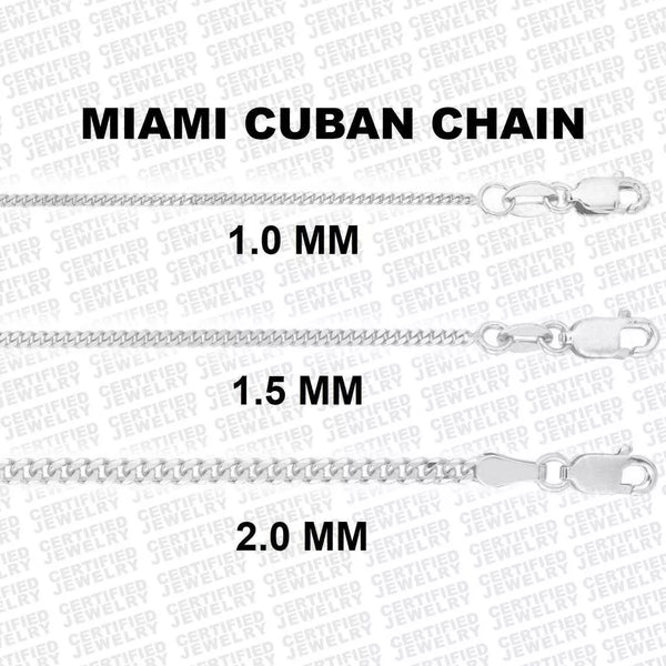 14K Solid White Gold Miami Cuban Chain Necklace, 1 mm to 1.5 mm Wide.