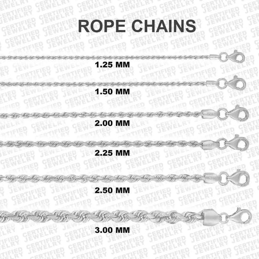 14K Solid White Gold Diamond Cut Rope Chain Necklace, 1.25mm to 3.0mm Wide