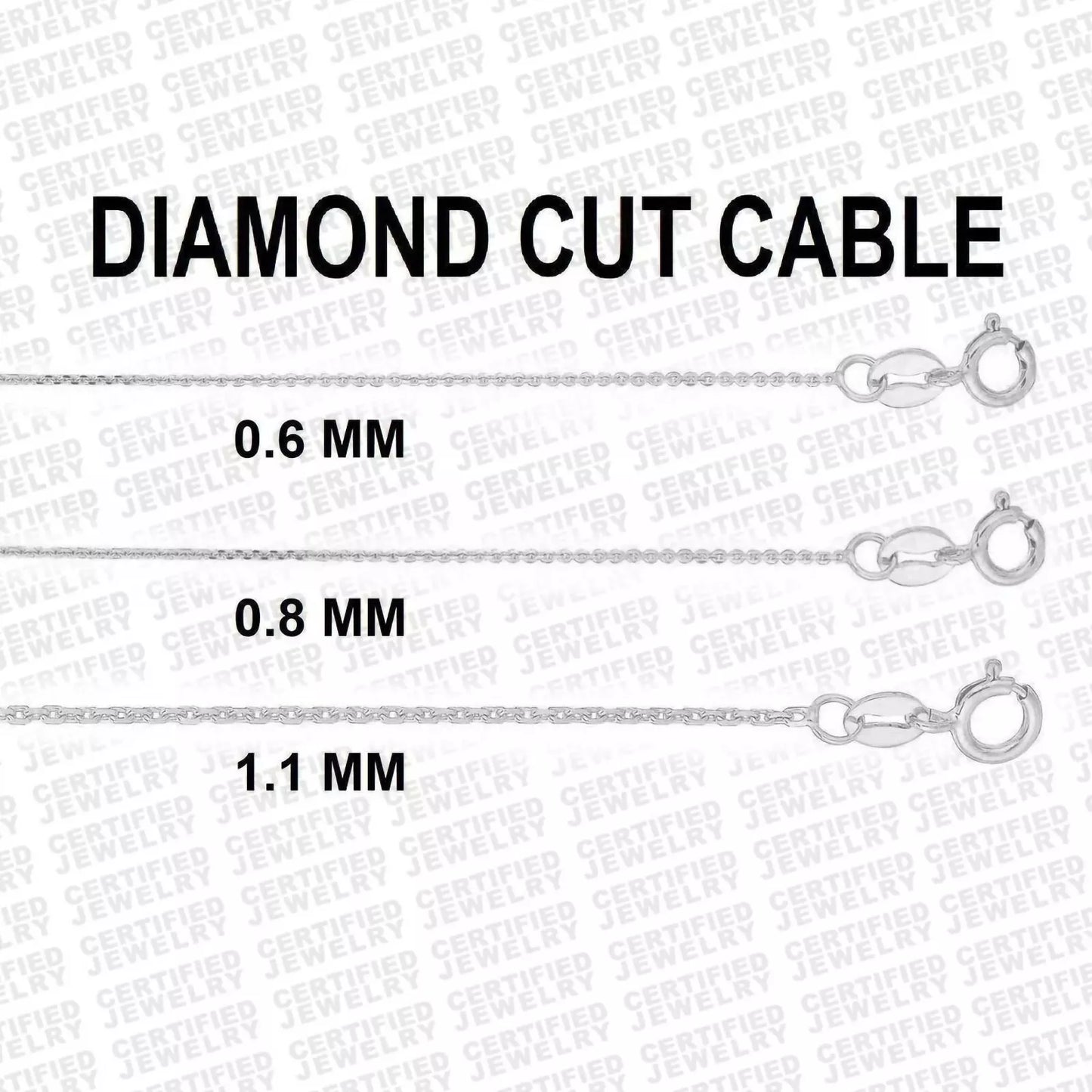 14K Solid White Gold Diamond Cut Cable Link Chain Necklace, 0.6 mm to 1.1 mm Wide.