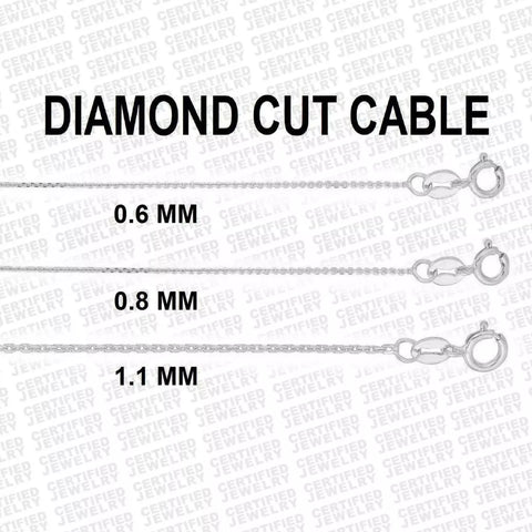 14K Solid White Gold Diamond Cut Cable Link Chain Necklace, 0.6 mm to 1.1 mm Wide.