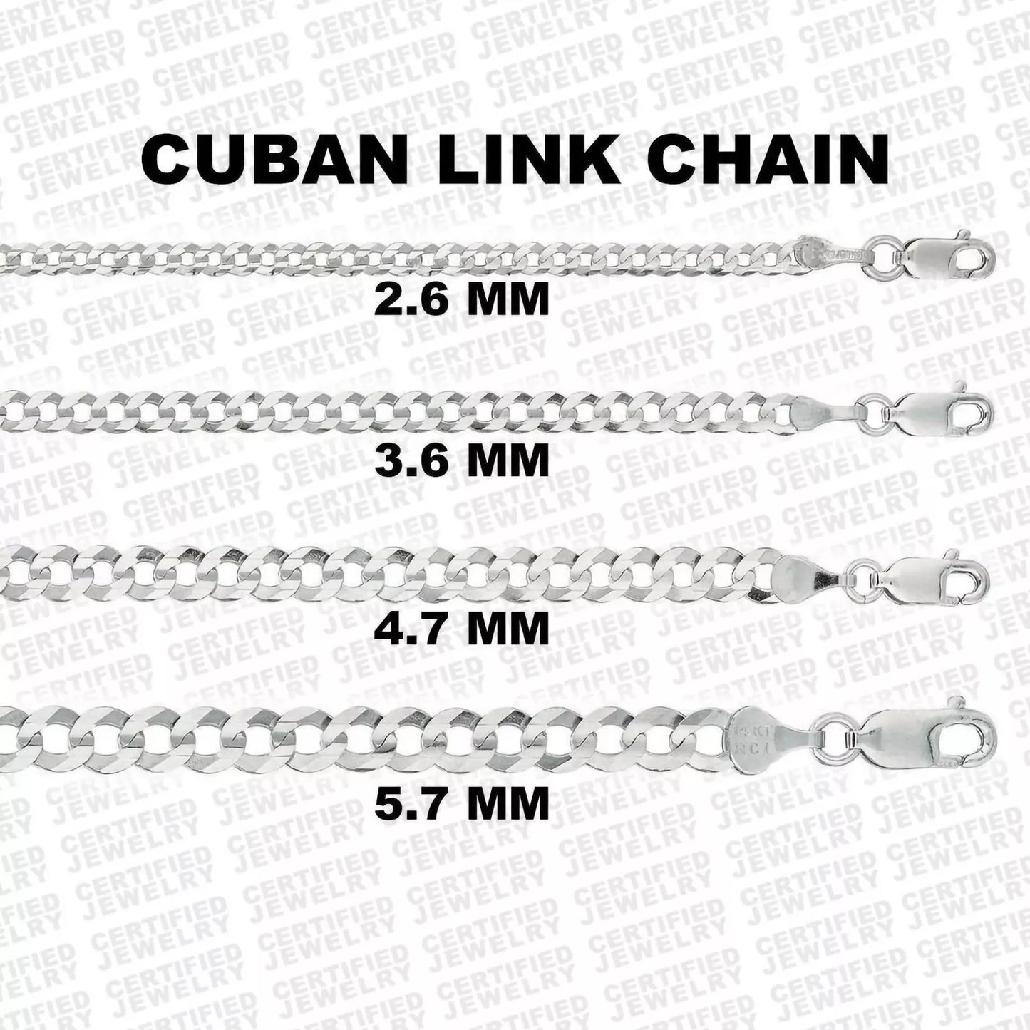 14K Solid White Gold Curb Link Chain Necklace, 2.7mm to 5.7mm Wide